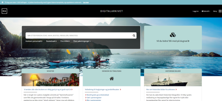 Skjermbilde forside Digitalarkivet